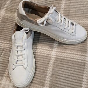 KOIO Men's White Leather Low-Top Sneakers with Beige Suede Heel